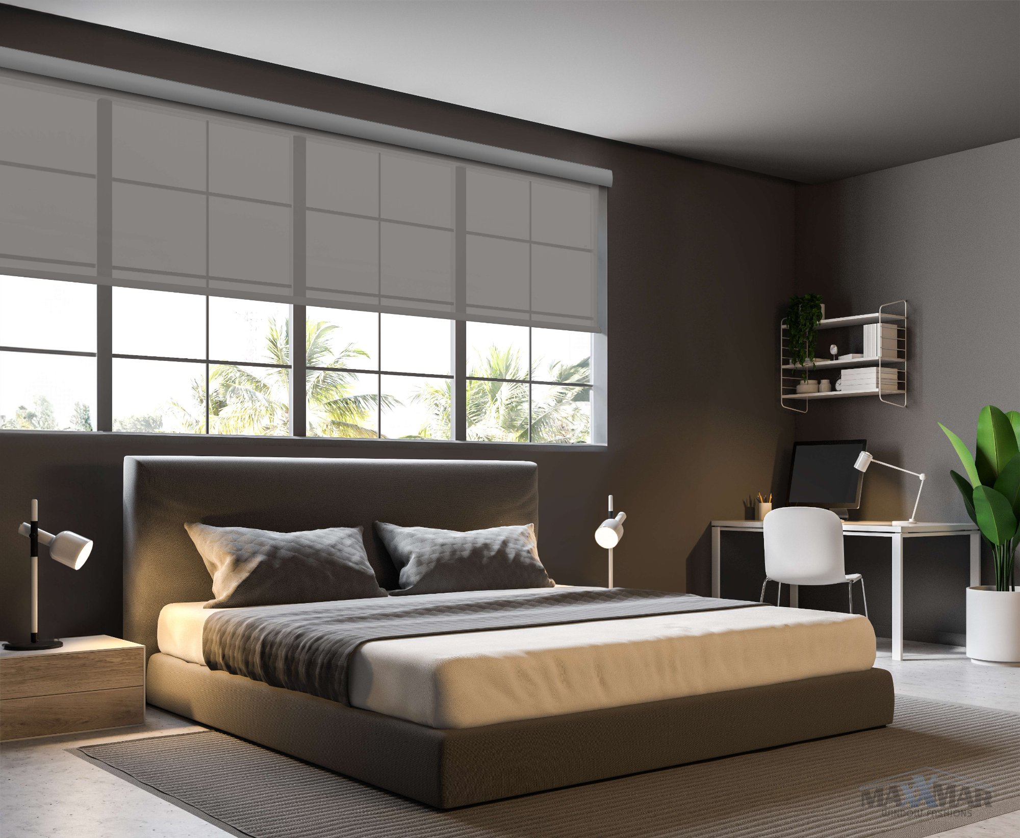 Roller shades in a modern bedroom