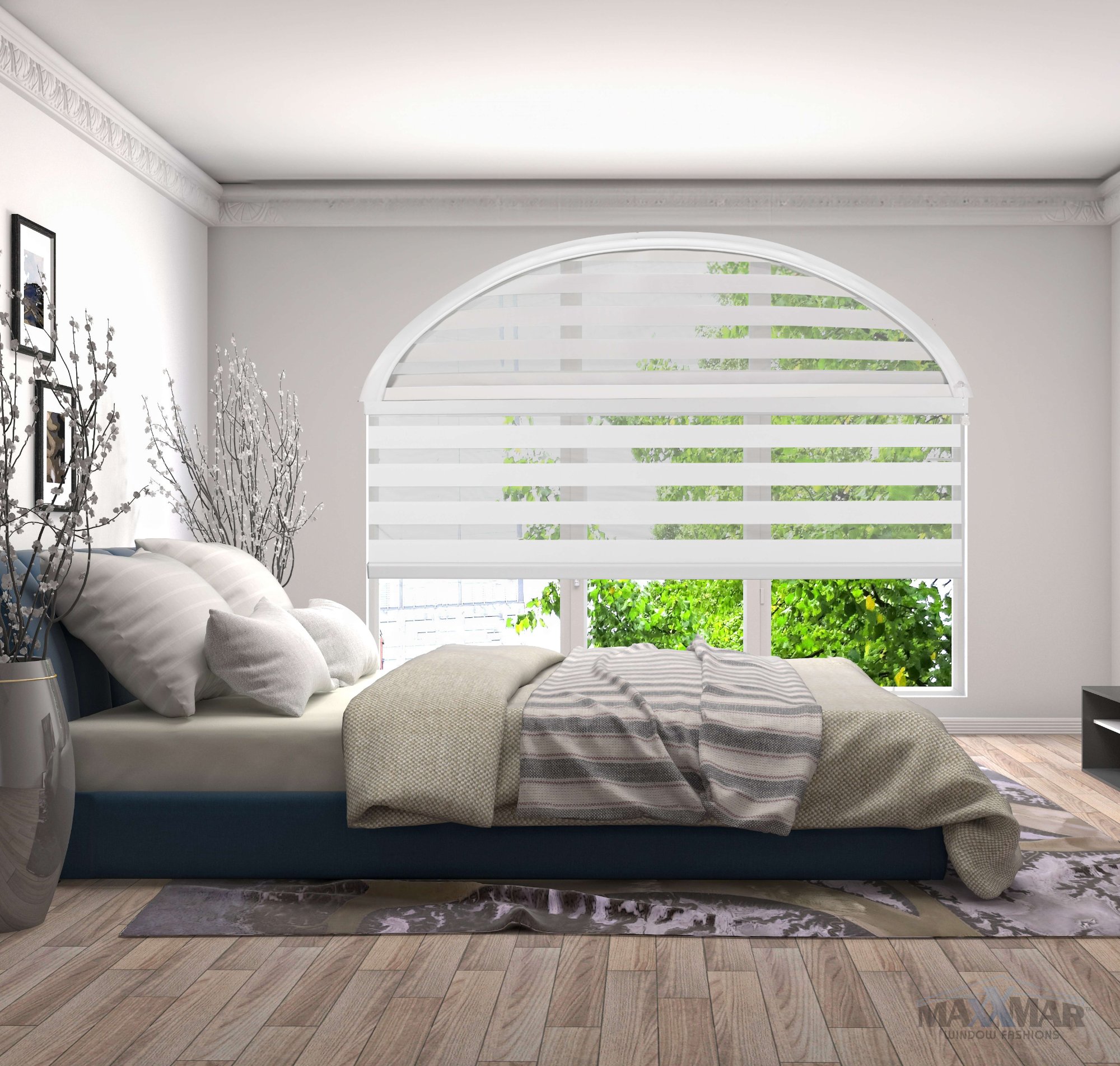 Zebra shade arched window bedroom